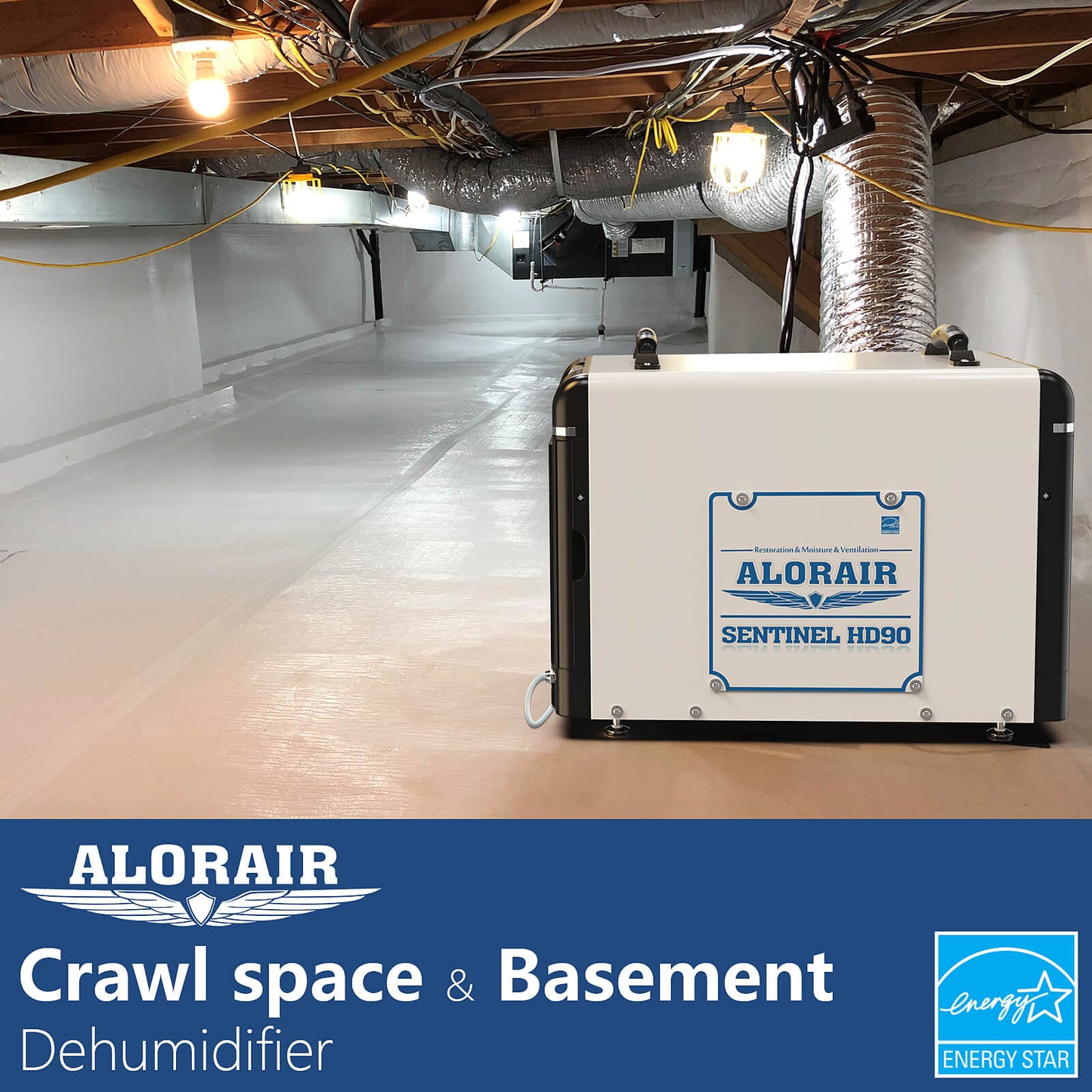 AlorAir Basement/Crawl Space Sentinel HD90 Dehumidifiers 198 PPD (Saturation), 90 PPD (AHAM), Energy Star Listed, 5 Years Warranty, Auto Defrosting System, cETL, up to 2,600 sq. ft, Optional Remote Monitoring AlorAir