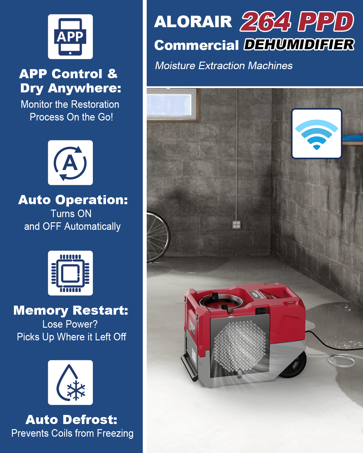 AlorAir Storm LGR 1250X Smart Wi-Fi 125 PPD Industrial Commercial Dehumidifiers with Pump, LGR 1250X Large Dehumidifier with Wi-Fi Controls, for Basements, Garages, and Job Sites, Red AlorAird