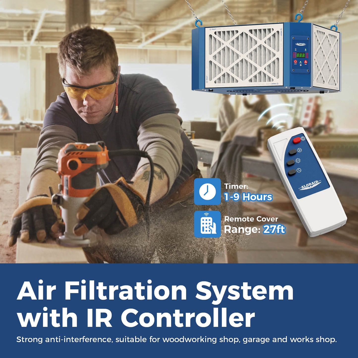 AlorAir® 360 Degree Intake Air Filtration System, 1350 CFM with Strong Vortex Fan, Shop Dust Collector for Woodworking Shop, Garage Works Shop, Purecare 1350 AlorAir