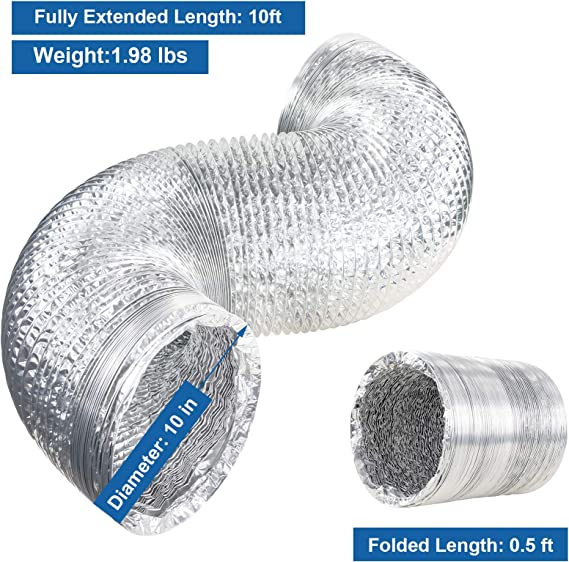 AlorAir® Aluminum foil Intake Duct 10 inches Diameter 10 ft Long with Duct Clamps, Return Duct Collar Assembly for Sentinel HDi100/HDi120 Dehumidifier AlorAir