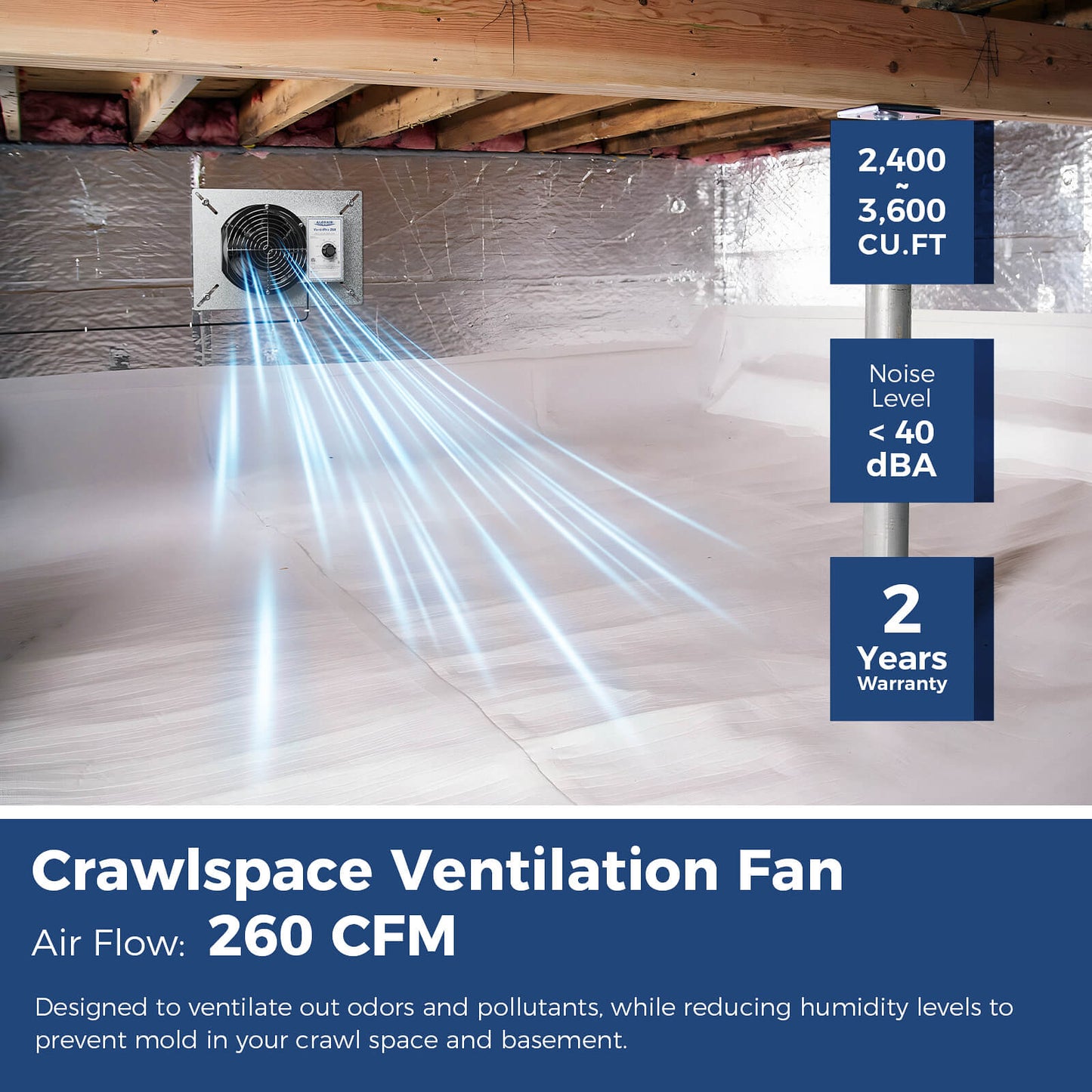 AlorAir 260CFM Crawl Space Ventilation Fan, 6.7 Inch Vent Fan with Humidistat Dehumidistat, IP55 Freeze Protection Thermostat for Crawlspace, Garage, Basements w/ Isolation Mesh AlorAir