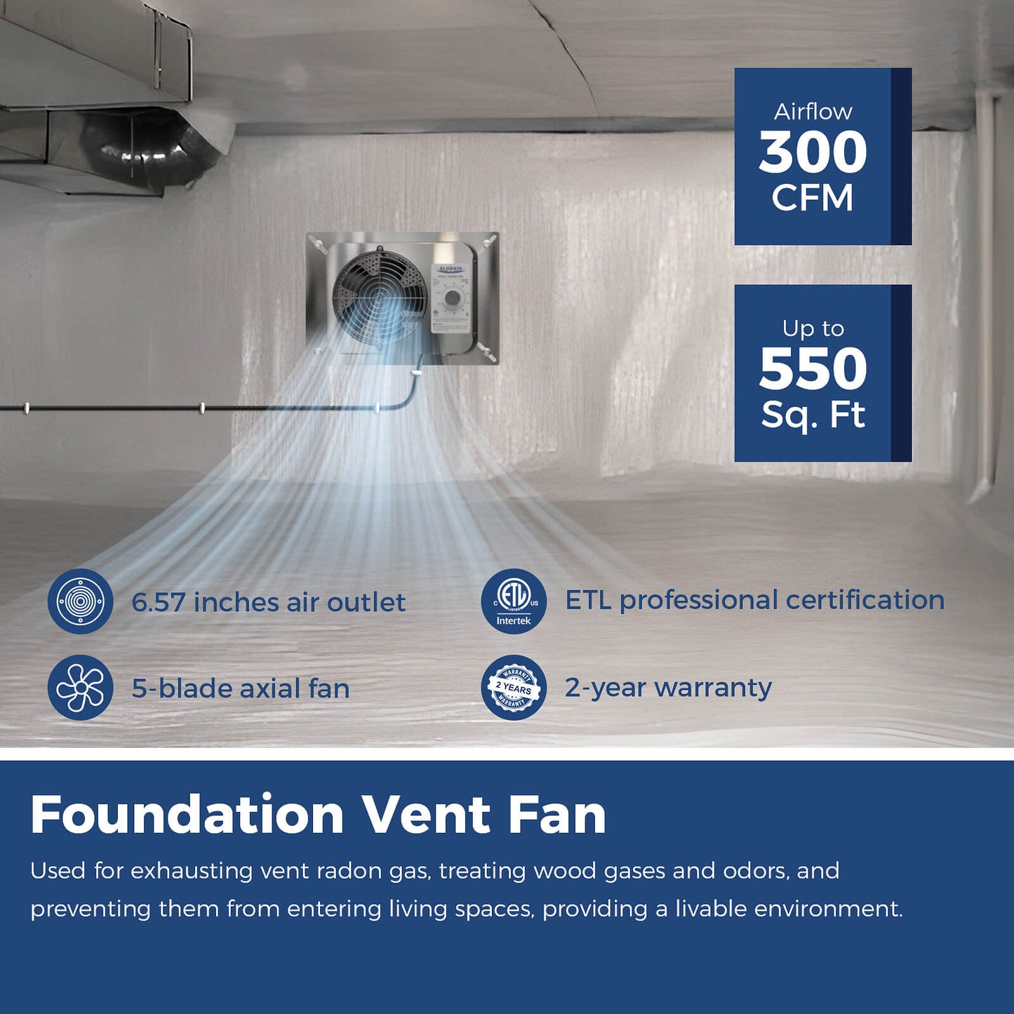 AlorAir 300CFM Stainless Steel Crawl Space Fan IP55 Rated Crawl Space Ventilation Fan with Thermostat, Built-In Isolation Net 6.7 Inch Foundation Vent Fan for Crawl Space, Basement, Garage, Attic AlorAir