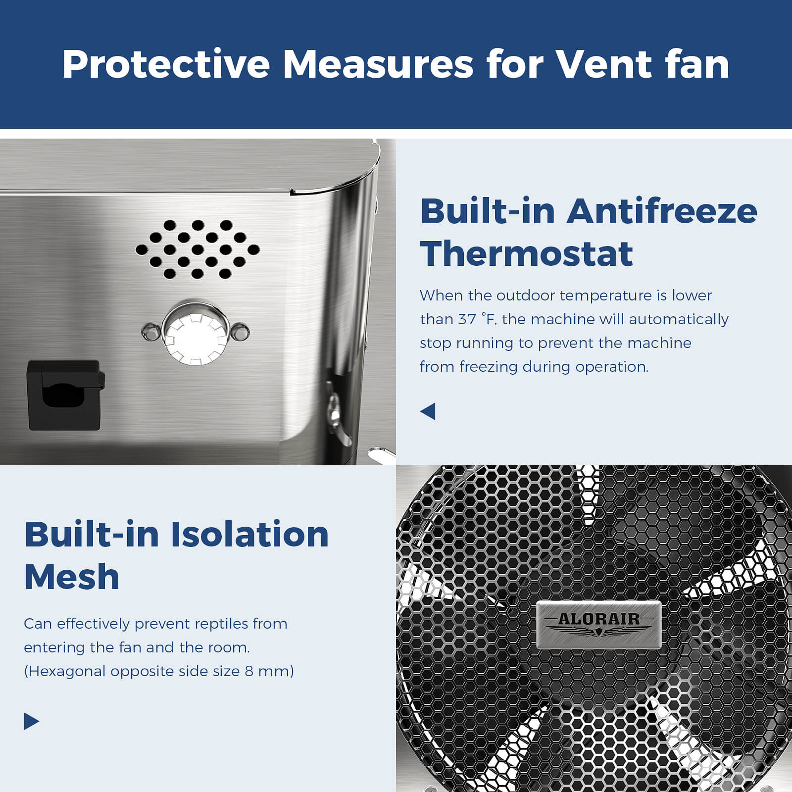 AlorAir 780CFM Stainless Steel Crawl Space Fan IP55 Rated Ventilation Fan with Thermostat, Built-In Isolation Net 9.13 Inch Foundation Vent Fan for Garage, ETL AlorAir