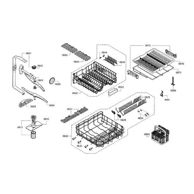 Bosch Dishwasher Lower Dishrack Assembly - 20003053, Replaces: 00680380