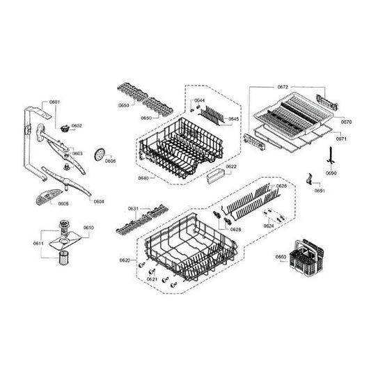 Bosch Dishwasher Lower Dishrack Assembly - 20003053, Replaces: 00680380
