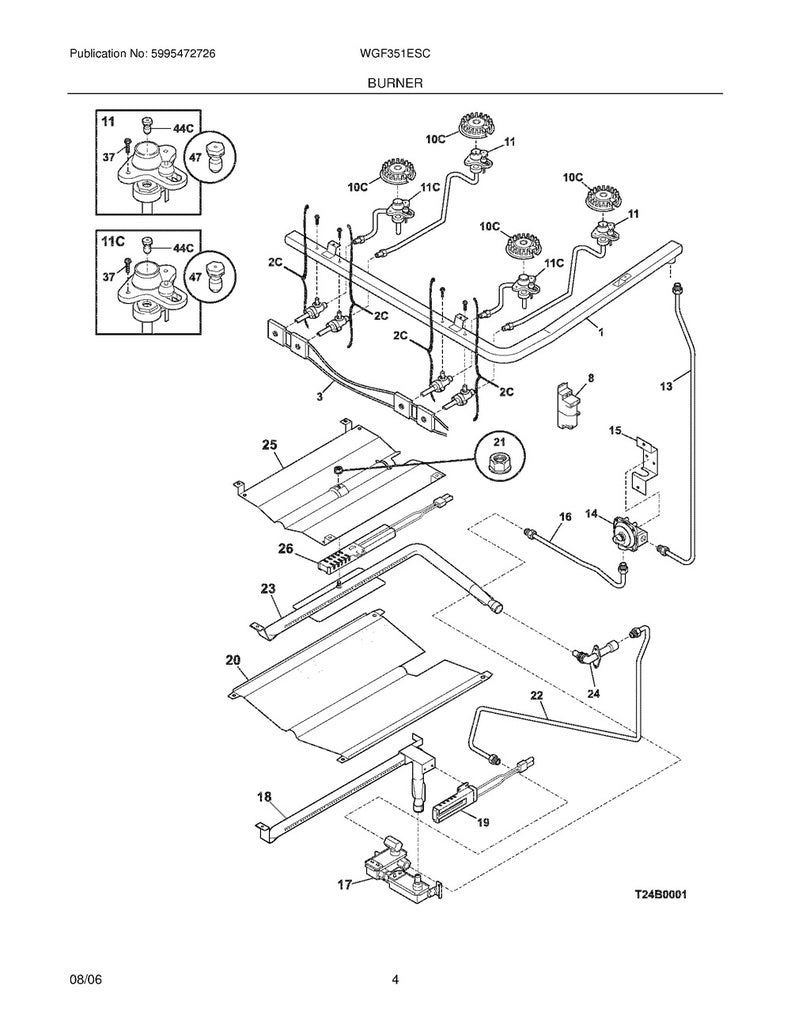 Frigidaire Range, Oven & Cooktop Rear Burner Igniter/Orifice Assembly - 316237704, Replaces: 316237701