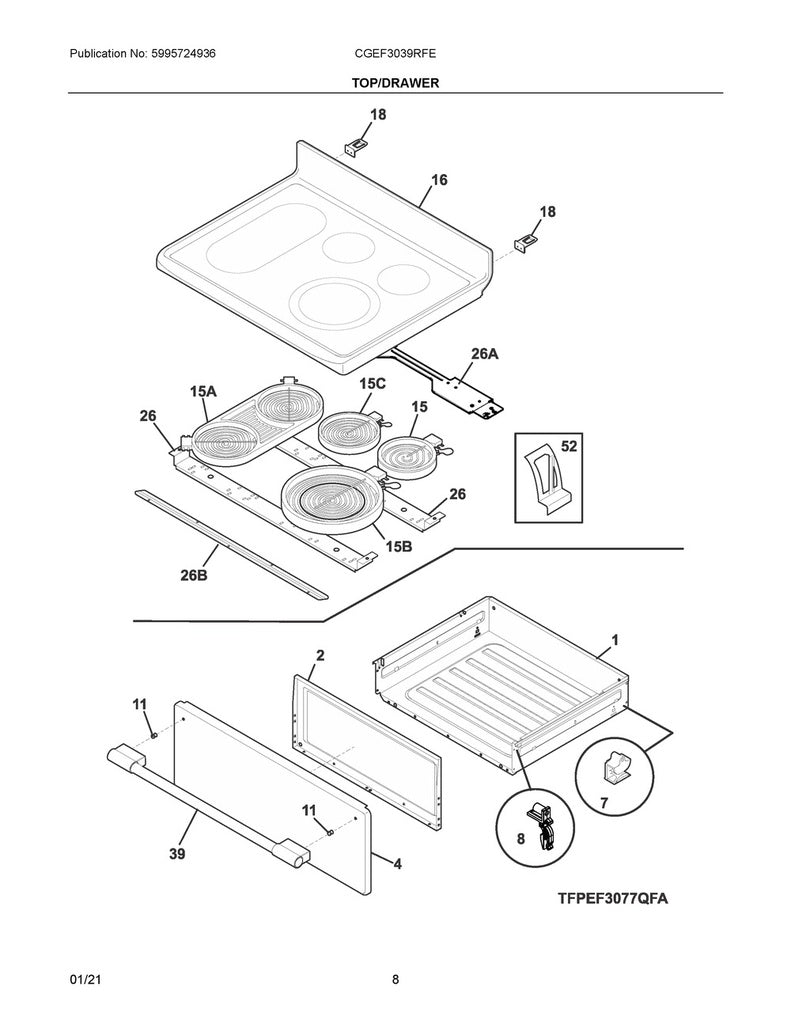 Frigidaire Range, Oven & Cooktop Front Drawer Glide - 5304490938, Replaces: 316407300