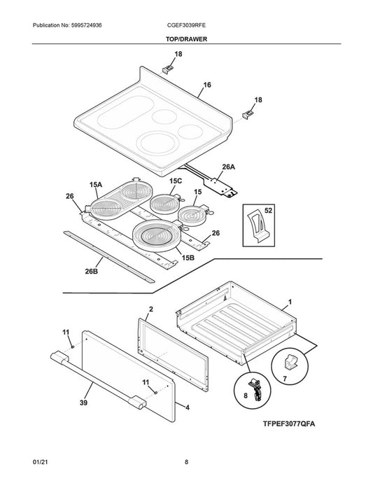 Frigidaire Range, Oven & Cooktop Front Drawer Glide - 5304490938, Replaces: 316407300