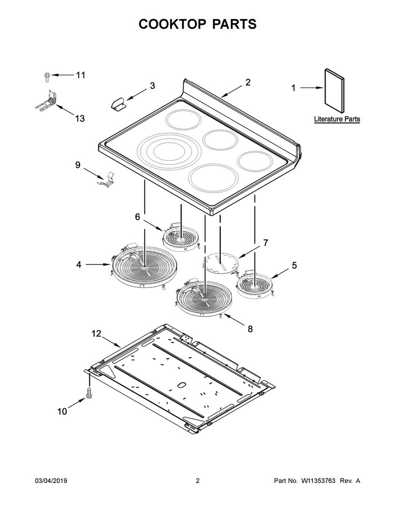 Whirlpool Range, Oven & Cooktop Glass Main Cooktop (Black) - W10872562, Replaces: W10828424
