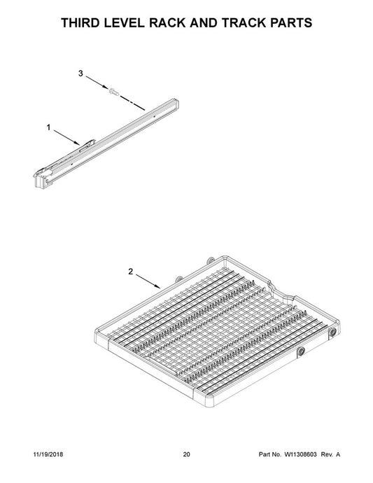Whirlpool Dishwasher 3rd Level Dishrack Track (Left) - W10913628, Replaces: W10653357