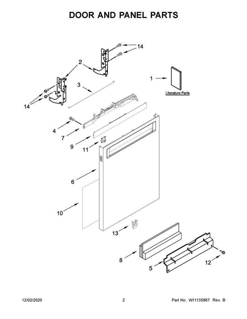 Whirlpool Dishwasher Front Door Panel (Stainless) - W11157407, Replaces: W11024140