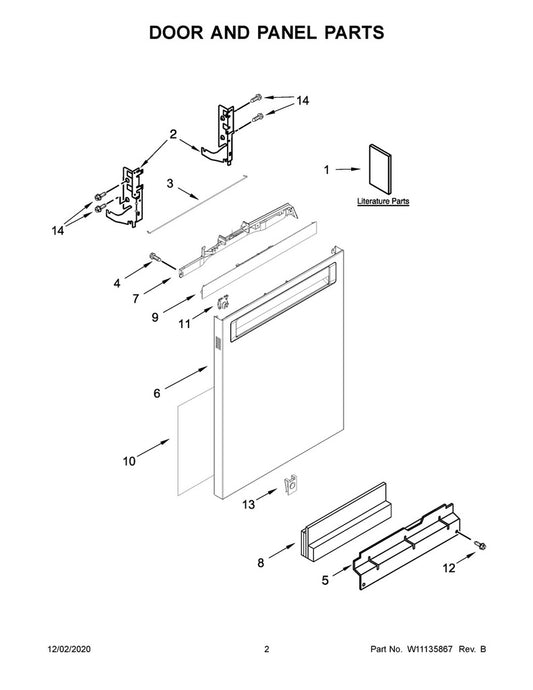 Whirlpool Dishwasher Front Door Panel (Stainless) - W11157407, Replaces: W11024140
