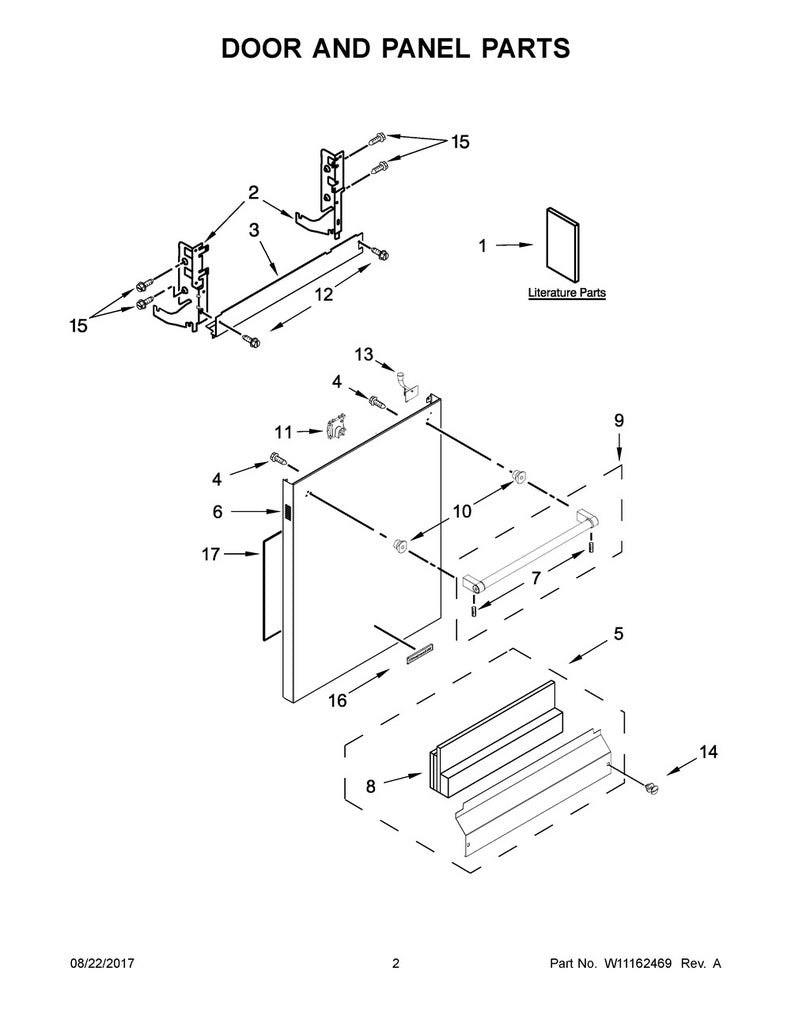 Whirlpool Dishwasher Front Door Panel (Stainless) - W11165143, Replaces: W11024139