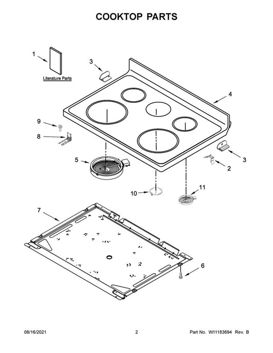 Whirlpool Range, Oven & Cooktop Main Glass Cooktop (Black) - W11183708, Replaces: W11034836